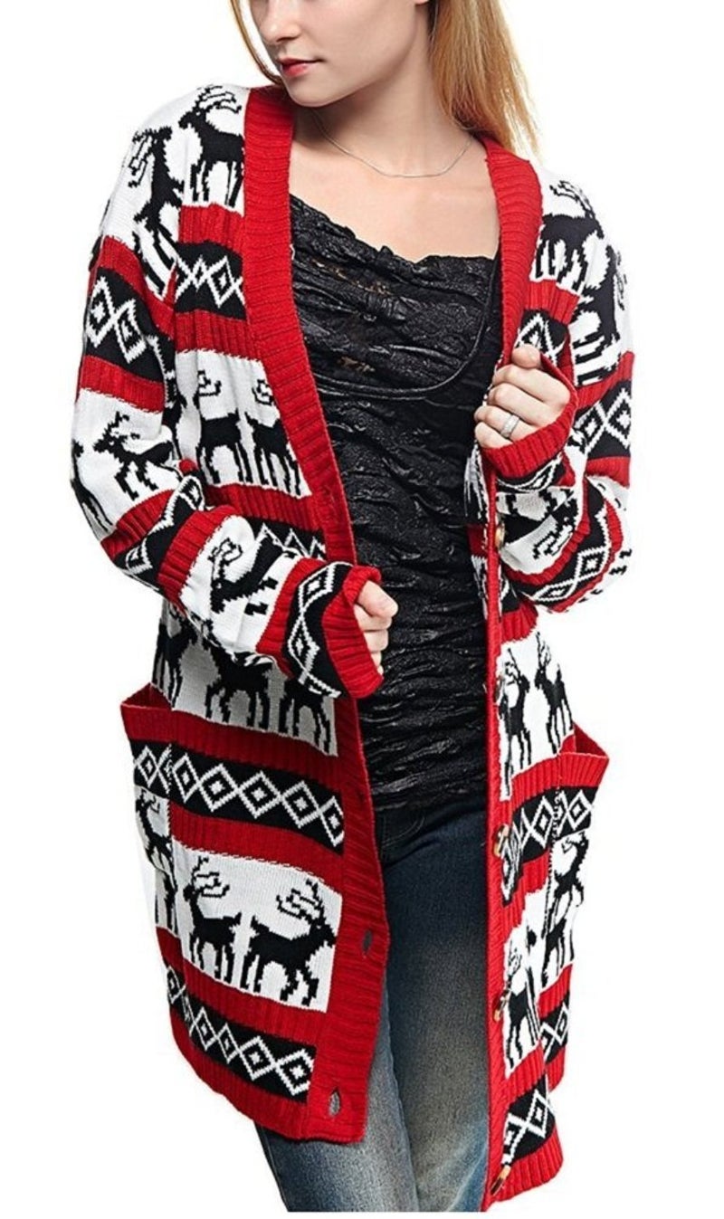 v28 Womens Oversized Christmas Reindeer Cardigan (XXX-Large,Long Sleeve, Red Reindeer Cardigan) - Image 1
